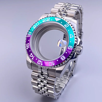 GMT Watch Case 40mm NH34 Nh35 Sliver Watch Case with Sapphire Crystal 120 Click Compatible with NH34/NH35/NH36 Movements Water-Resistant 28.5mm Dial