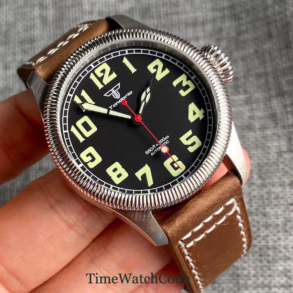 Tandorio Fluted Pilot Watch TD117A 20BAR  NH35 PT5000 Roman Numerals Sapphire 39mm