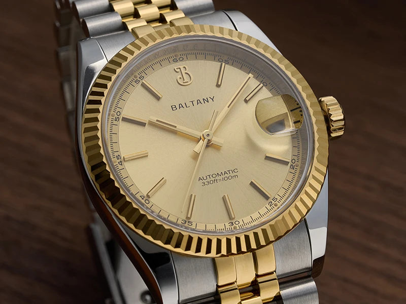 Baltany 36mm Dress Gold Watch S4084 Customizable DateJust  NH35 Automatic  Ar sapphire Swiss Lume Fluted case