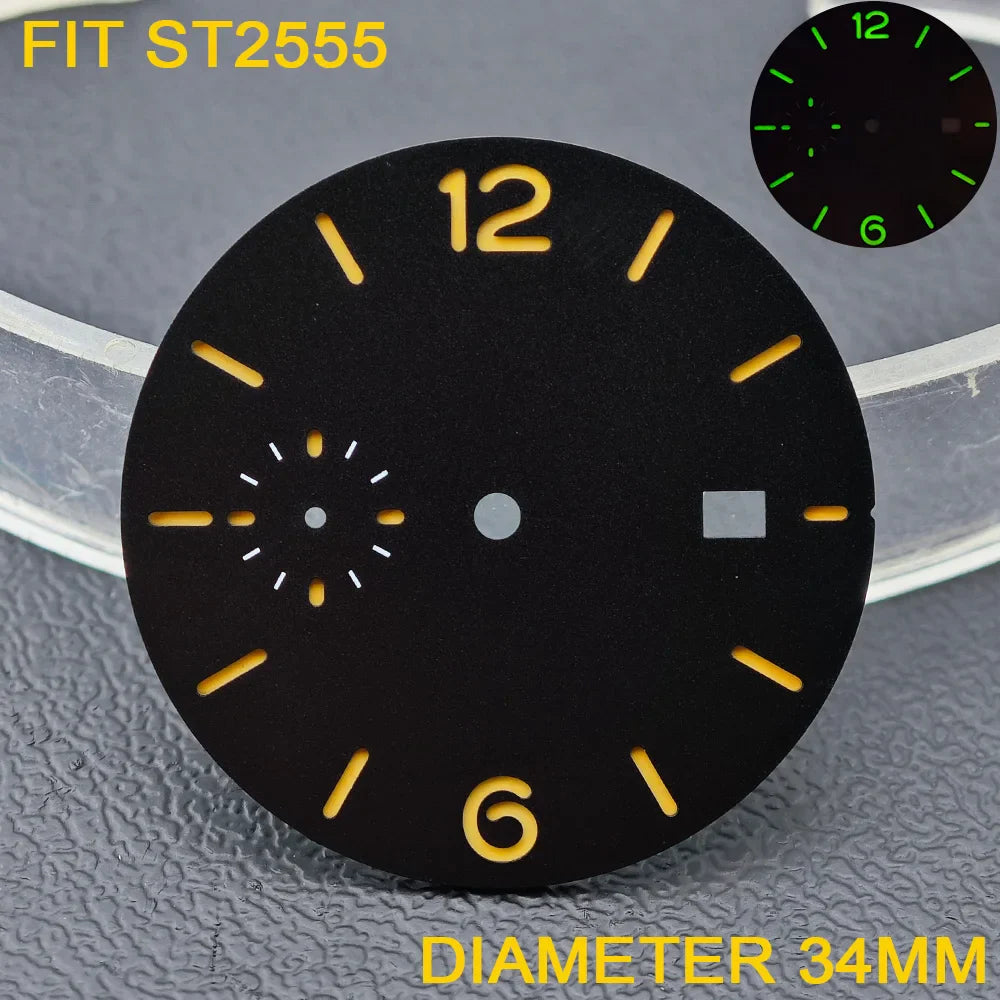 33.9/36.5mm Diameter Green Luminous Sterile Dial for Seagull GMT ST2557/ST2555 Movement with Single Calendar,Custom DIY logo
