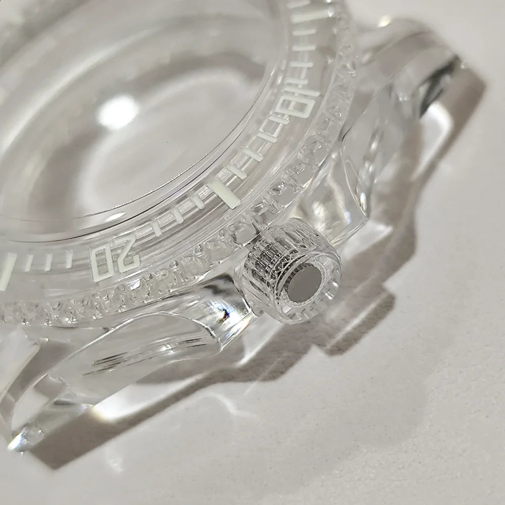 40mm Transparent Case For NH35 Case 20mm Watch Bands Set Green Luminous SUB Acrylic Plastic Case Clear Watch Case Accessories