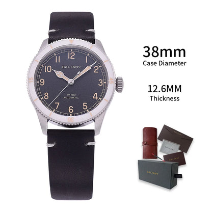 Baltany 38MM Military Watch Men  S2076 NH38 Automation Stainless Steels 100m Waterproof Vintage Khaki Aviation Homage Watch