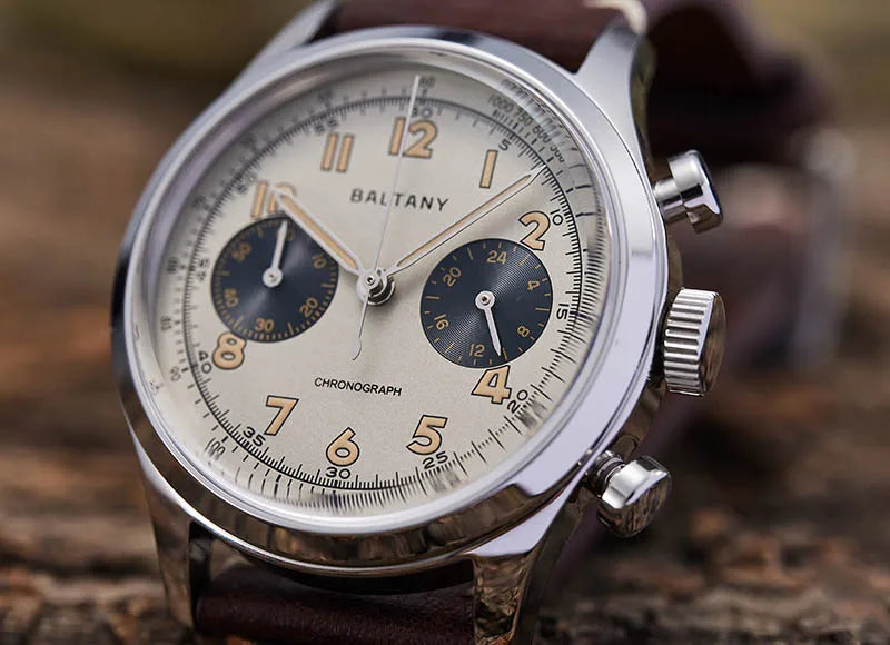 Baltany S5034 Quartz Chronograph Wristwatches 39mm Sapphire Crystal Panda Dial StainlessSteel Retro Super Luminous Vintage Watch