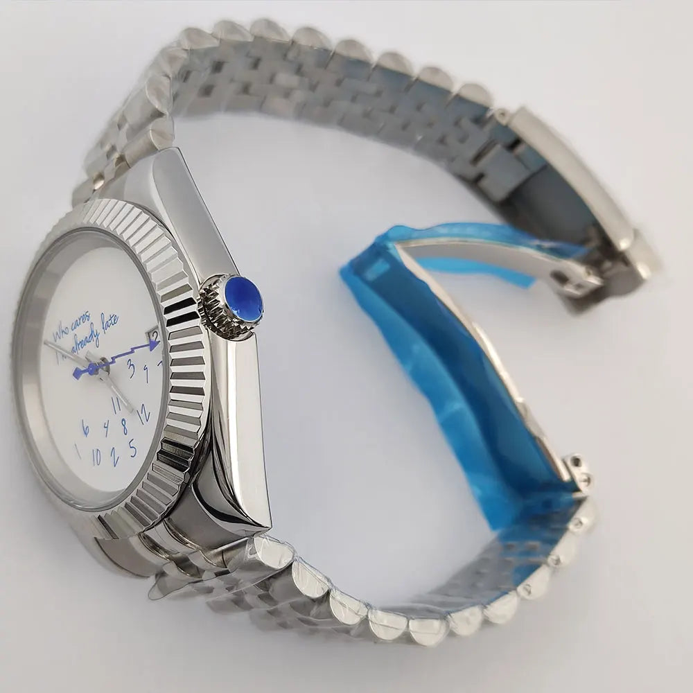 DateJust Seiko NH35 watch "Who Cares I'm already Late" dial customized logo 39mm/36mm  Glass Back Sapphire 10bar