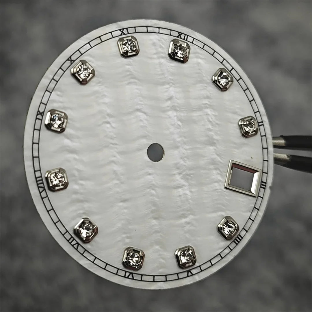 NH35 Watch Dial Watch Hands 28.5mm Diamond Inlaid Shell of Pearl Pattern Surface Watch Accessories for NH35/NH36 Movement