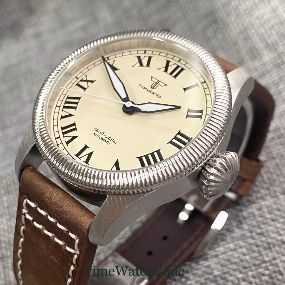 Tandorio Fluted Pilot Watch TD117A 20BAR  NH35 PT5000 Roman Numerals Sapphire 39mm