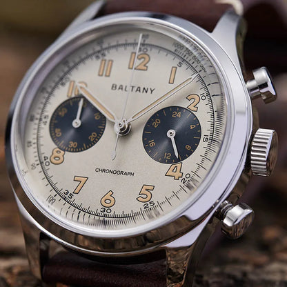 Baltany S5034 Quartz Chronograph Wristwatches 39mm Sapphire Crystal Panda Dial StainlessSteel Retro Super Luminous Vintage Watch