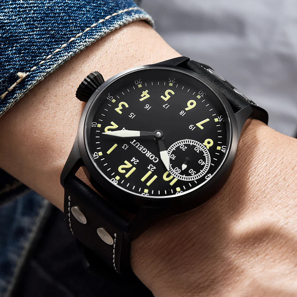 Corgeut 6023 Sub Second Pilot St3600  Manual Mechanical Watch 44MM 5ATM Sapphire Luminious glass back