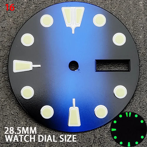 28.5mm Watch Dial Black Blue Gradient Dual Calendar Date Watch Faces with Green Luminous Watch Accessories for NH36 Movement