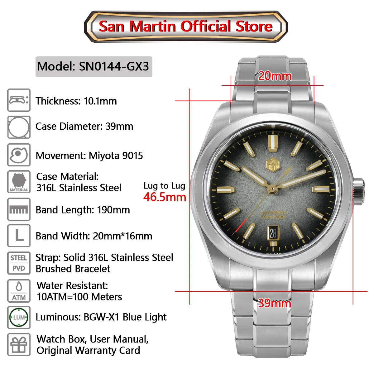 San Martin 36/39/42mm SN0144 JianZhan Dial Gada Watch Miyota 9015 Original Design Men Luxury Dress Automatic Mechanical Watches