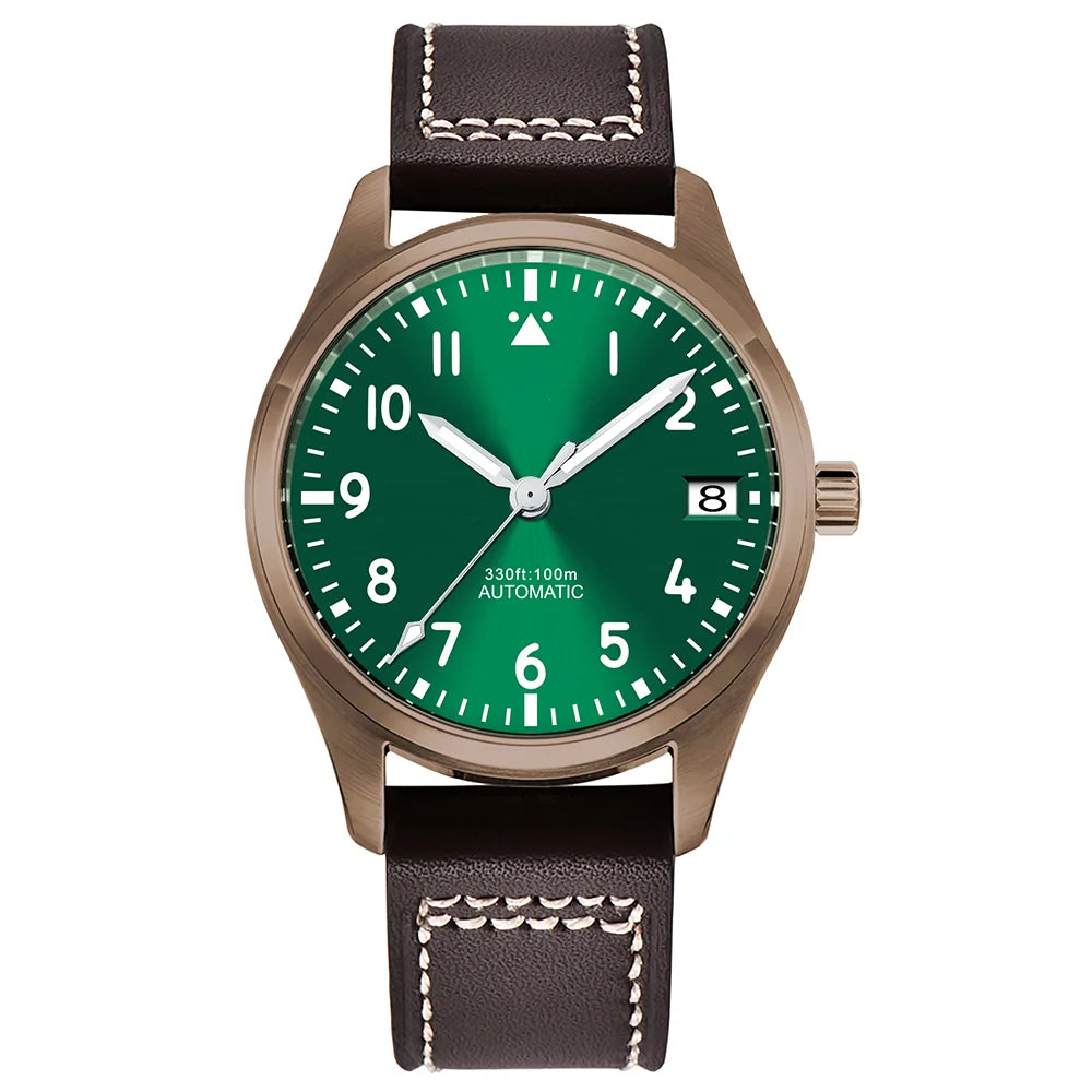 PVD Pilot Watch Sterile for Custom logo 39MM Sapphire 10Bar NH35 automatic glass back