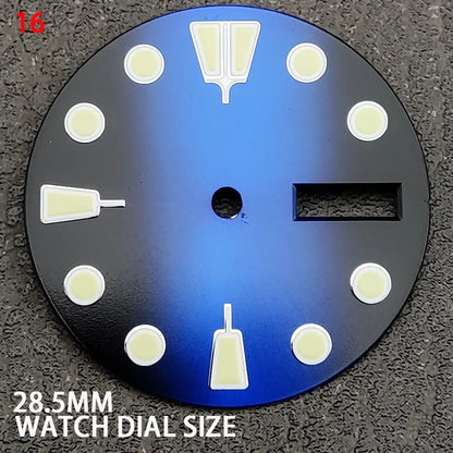 28.5mm Watch Dial Black Blue Gradient Dual Calendar Date Watch Faces with Green Luminous Watch Accessories for NH36 Movement