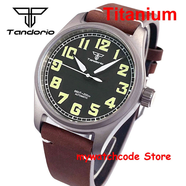 39mm Titanium Pilot Watch Tandorio TD143T Miyota 8215 Movt Automatic Sapphire 20ATM Retro Men Watch