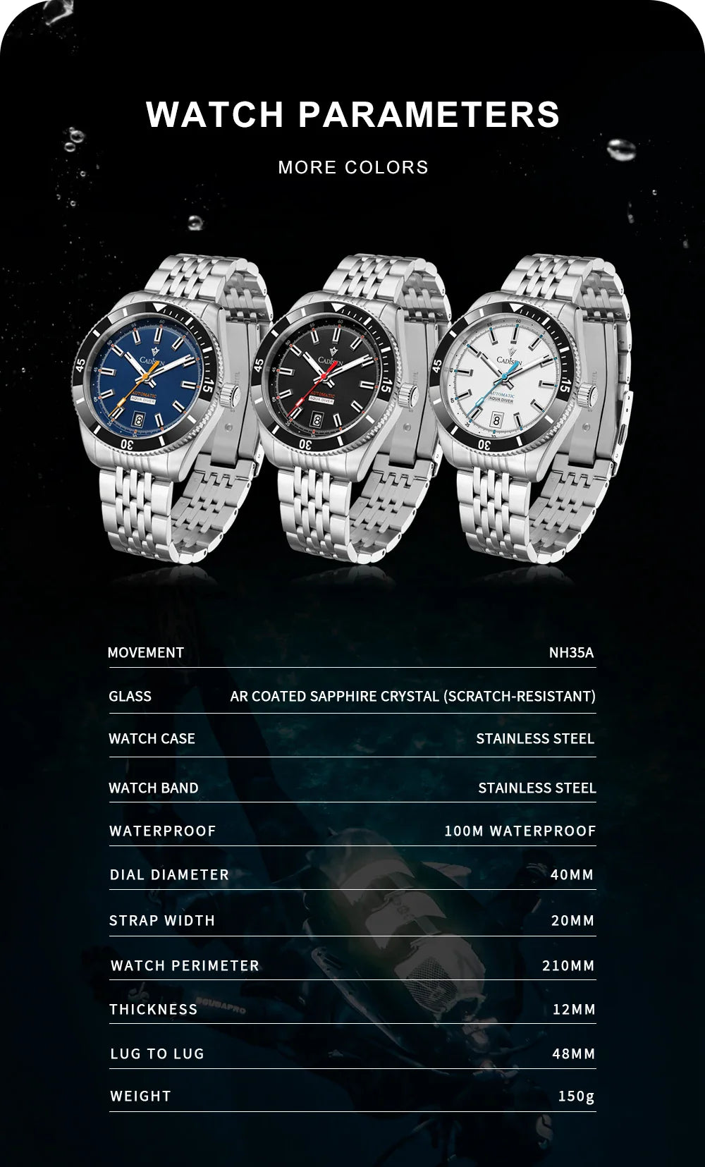 CADISEN C8237 Dive Watch BB58 Japan NH35A Ceramic Bezel 10Bar AR sapphire 40MM