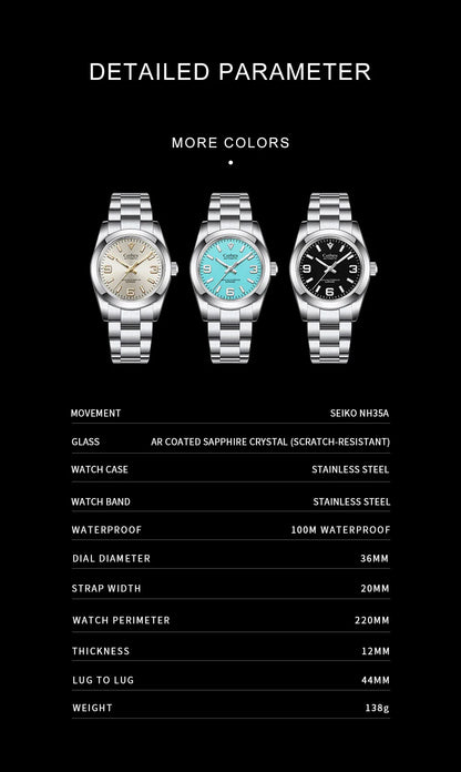 Cadisen C8213 Oyster Watch 36MM NH35 AR Sapphire BGW9 Lume 100M Waterproof