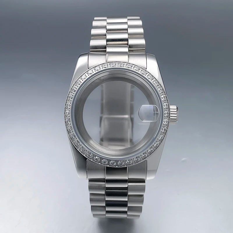 36mm/39mm NH35 Case President Jubile Strap Diamond Bezel Sapphire Glass Mod For NH35 NH36 Movement Watch Case Accessories Parts