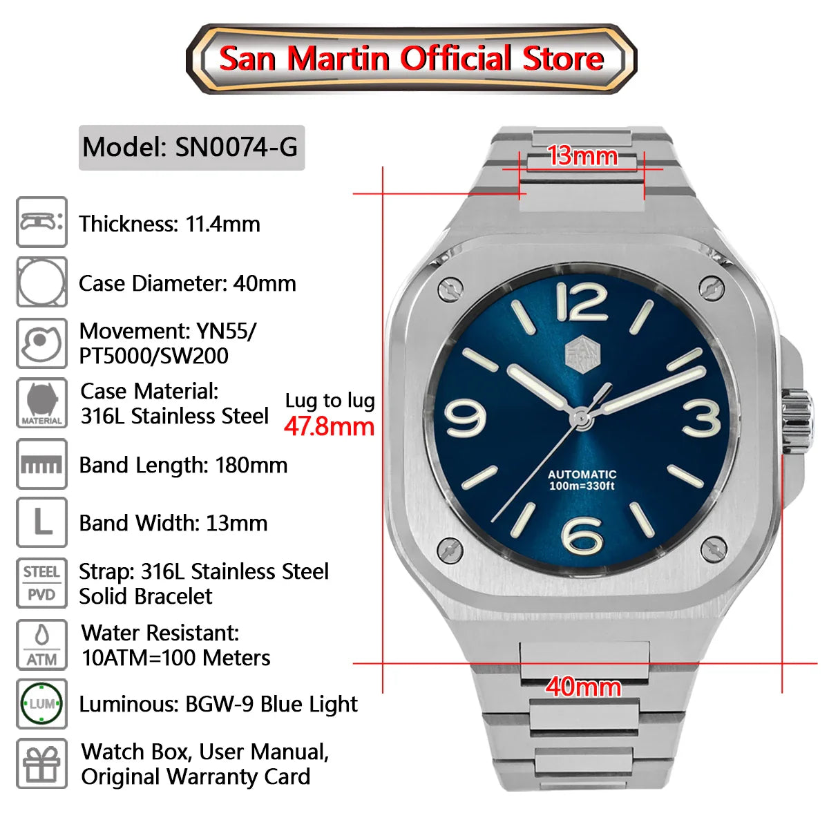 San Martin Square Watch SN0074G 40mm PT5000 Sw200  Automatic 10 Bar BGW-9 Lume
