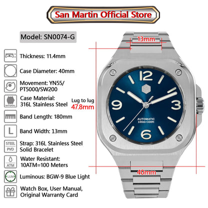 San Martin Square Watch SN0074G 40mm PT5000 Sw200  Automatic 10 Bar BGW-9 Lume