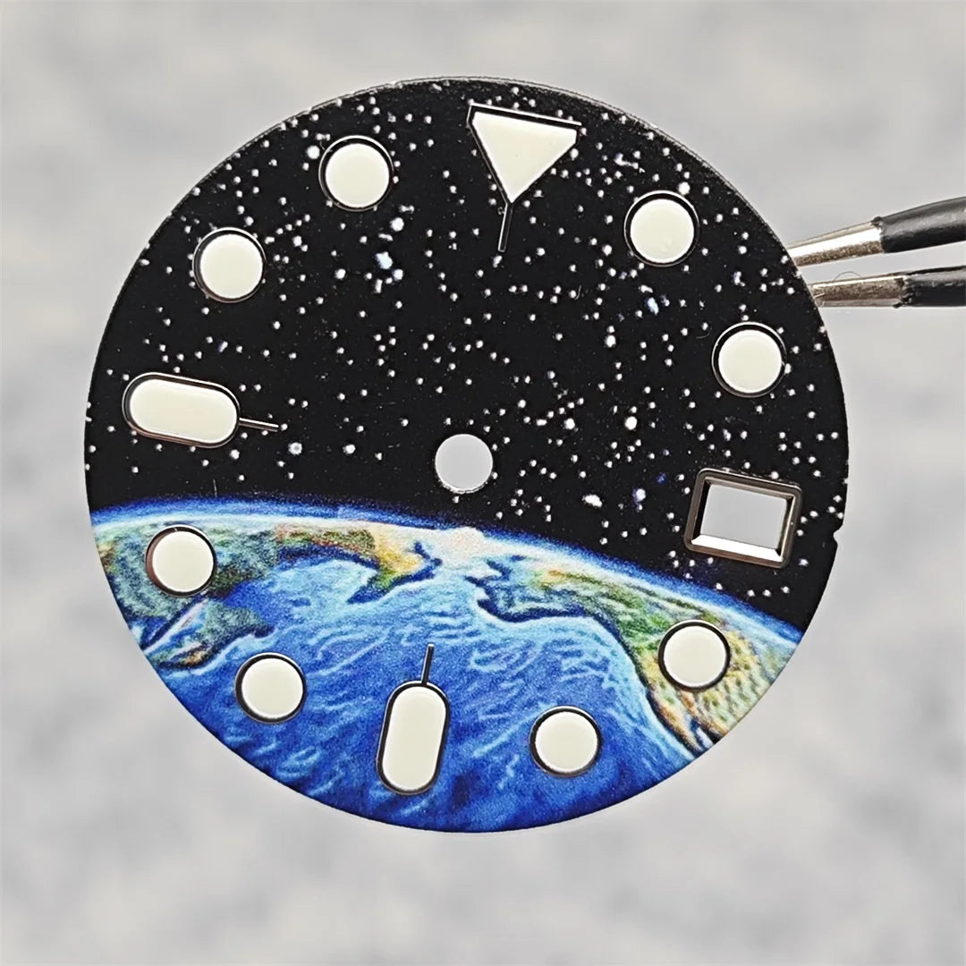 28.5mm Watch Dial Starry Sky and Earth Green Luminous Surface + Hands for NH35/ NH36/ 4R/ 7S Movement Replace Watch Accessories