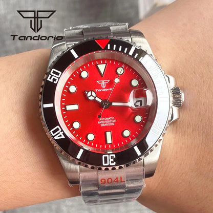 Tandorio Submariner Watch TD203R NH35A Red Sunburst 40mm 200M Diver Rotating Bezel Sapphire