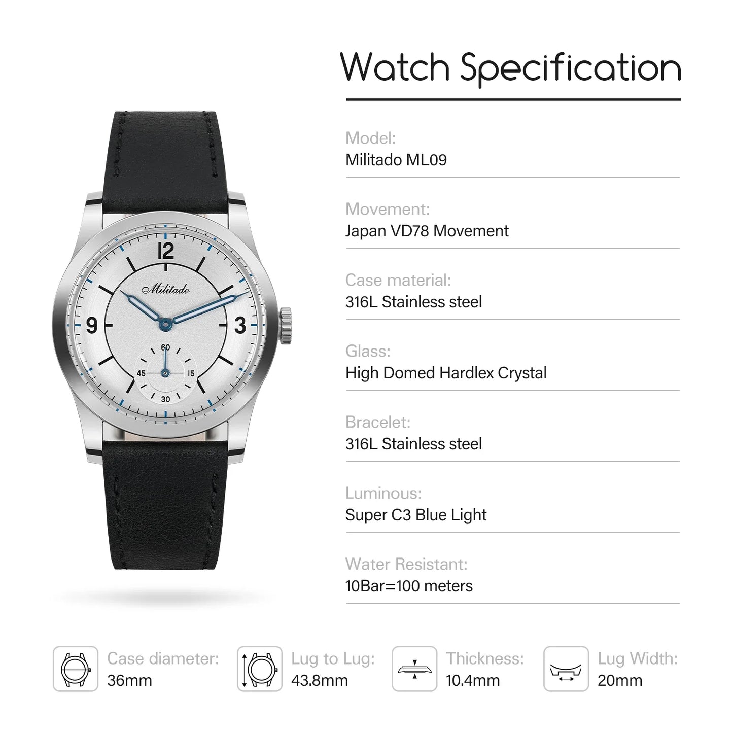 Militado ML09 Vintage Quartz Watch VD78 Movement  Domed Hardlex Crystal BGW9 Luminous 100m Waterproof 36mm Men Watches