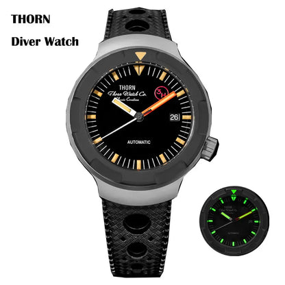Thorn 42mm Men's Retro Titanium Diver Watch PT5000 Automatic Movement Rubber Strap C3 Luminous 20Bar Water Resistance