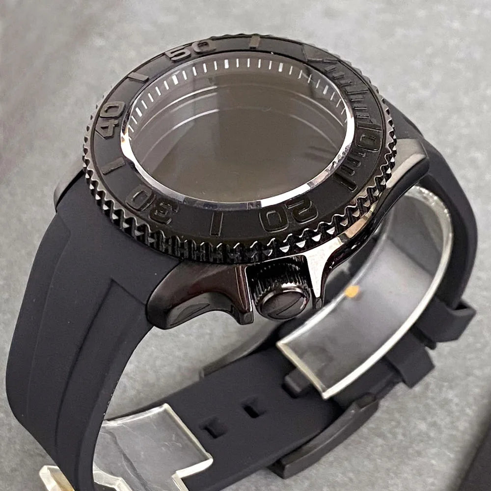41mm Black PVD Diving Watch Case Fit for SKX007 NH35 NH36 PT SW200 200M Waterproof Domed Sapphire Crystal Rubber Strap