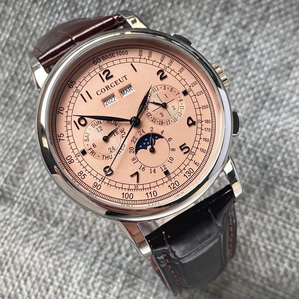 Corgeut Moon Phase Watch 42mm Seagull St1655 Automatic Day Date Month Calendar Glass Back 42MM 3ATM