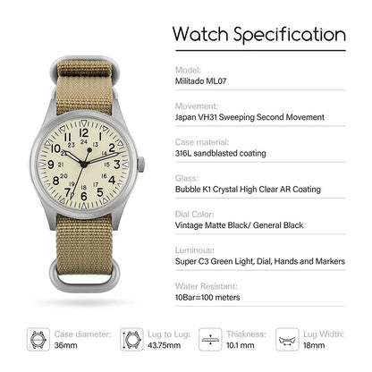 Militado ML07 Military Watch VH31 Quartz Sapphire Luminous AR Coating 10bar