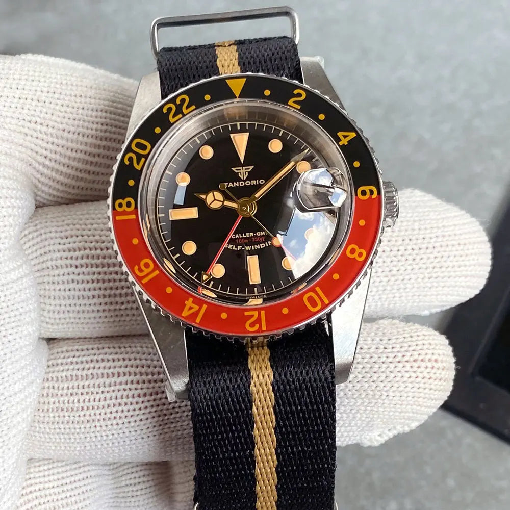 Tandorio TD218B NH34 GMT Watch 6542 homage 38mm Bubble Sapphire 20ATM 120 Click Submariner