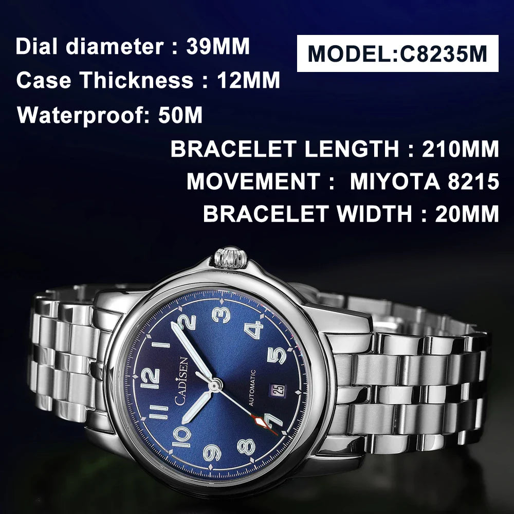 CADISEN C8235 Dress Watch 39MM MIYOTA 8215 Sapphire 5bar Luminous