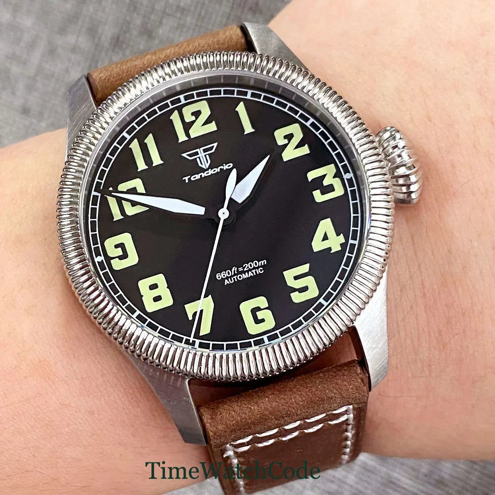 Tandorio Fluted Pilot Watch TD117A 20BAR  NH35 PT5000 Roman Numerals Sapphire 39mm