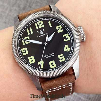 Tandorio Fluted Pilot Watch TD117A 20BAR  NH35 PT5000 Roman Numerals Sapphire 39mm