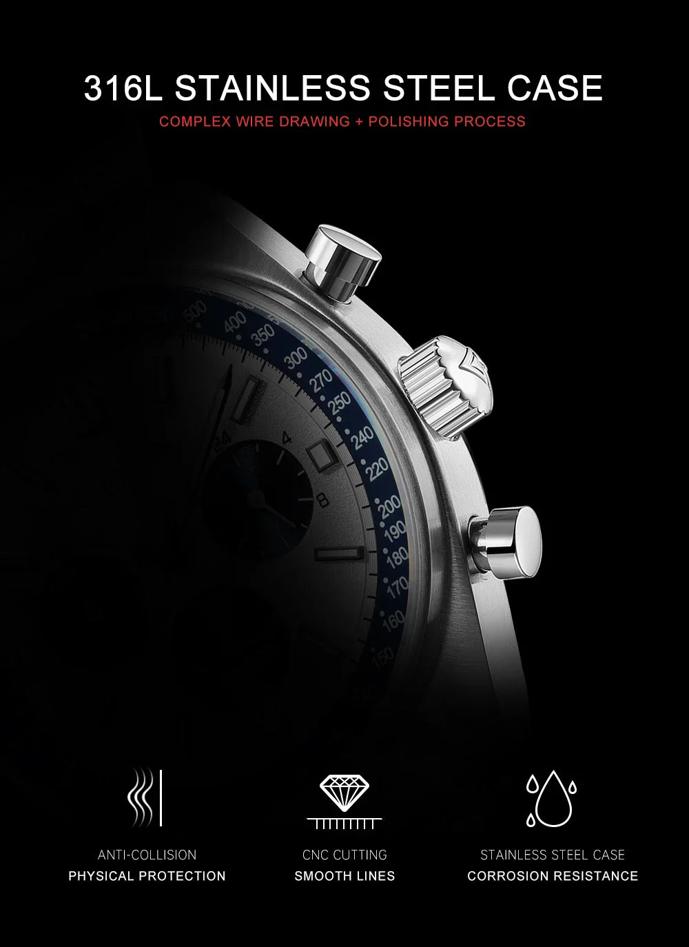 Cadisen C7063 Quartz Chronograph Watch Japan VD53 42MM AR Sapphire 5Bar