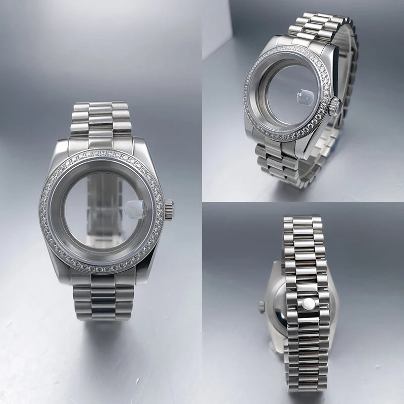 36mm/39mm NH35 Case President Jubile Strap Diamond Bezel Sapphire Glass Mod For NH35 NH36 Movement Watch Case Accessories Parts