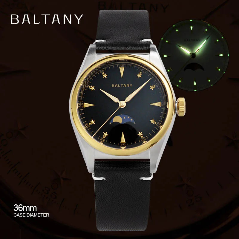 Baltany 36mm Dress Watches S4042 Customizable AR Sapphire Crystal 10Bar  Moon phase Wristwatches Swiss Lume