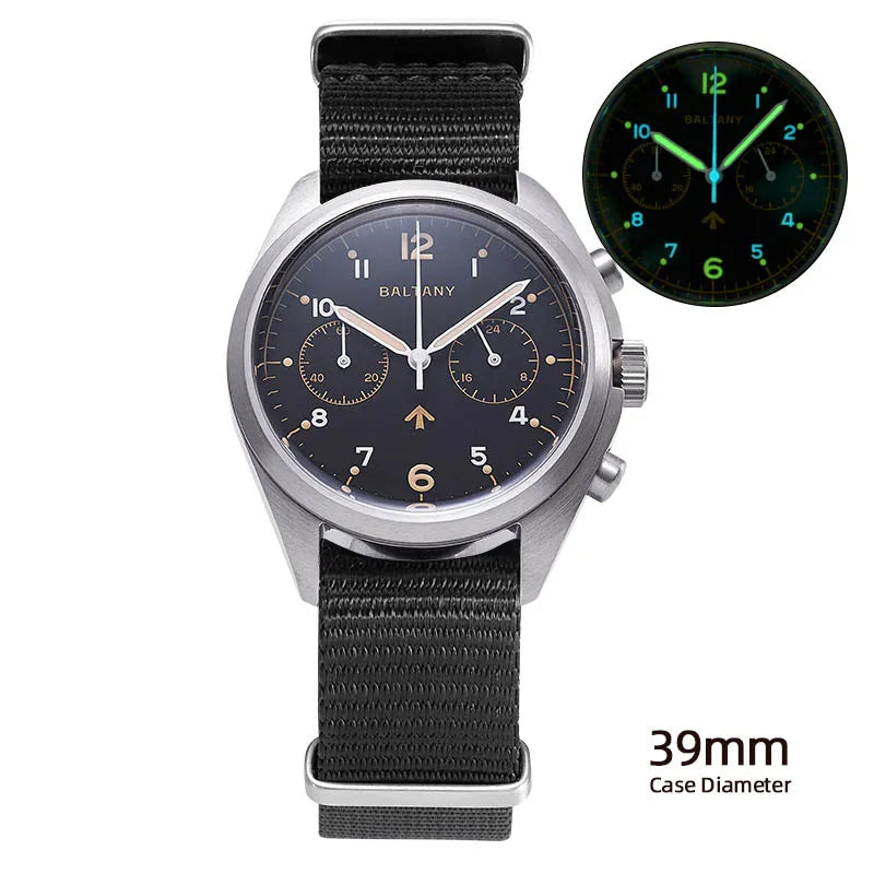 Customizable Watch Baltany 39mm Vk64 Quartz  Military watch Chrono RAF 6BB Homage Multifunction Chronograph 5bar AR Sapphire Swiss Lume