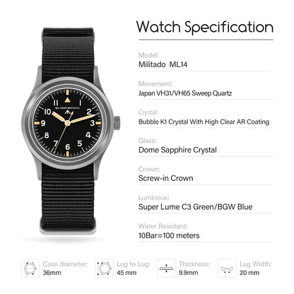 Militado ML14 Watch VH31/VH65 Swept Quartz Movement Watch K1 Crystal Night Light 100 Meter Waterproof Stainless Steel Watches