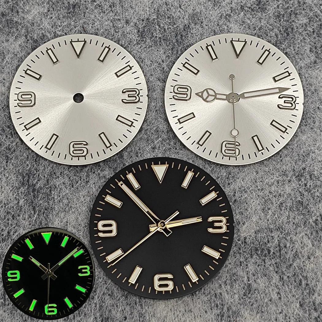 28.5mm Watch Dial + Hands Green Luminous Sun Pattern Modified 369 Nail Dial Watch Faces Accessory Fit NH35/NH36/4R/7S Movement