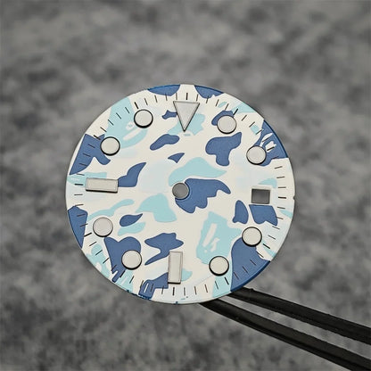 28.5mm Watch Dial Blue Luminous Watch Faces Camouflage Dial with Calendar Window Watch Accessories for 2813/8512/8200 Movement