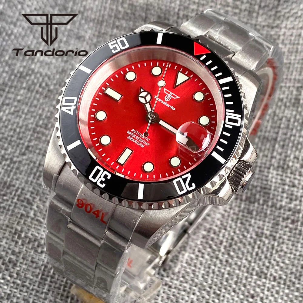 Tandorio Submariner Watch TD203R NH35A Red Sunburst 40mm 200M Diver Rotating Bezel Sapphire