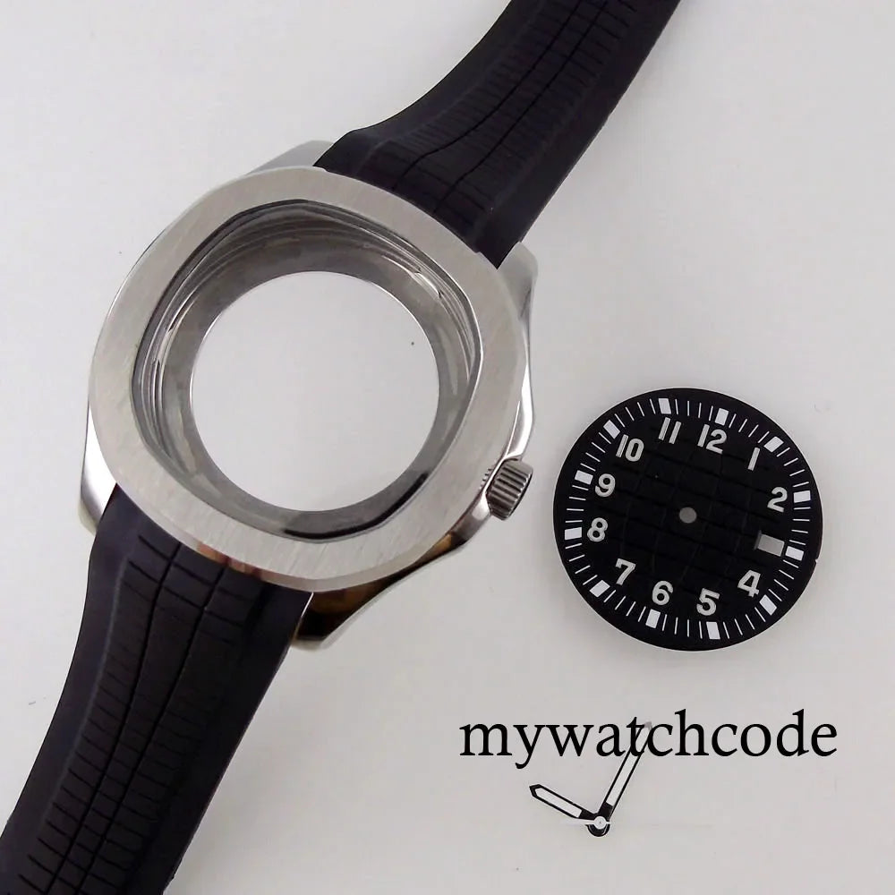 40mm Watch Case Glass Back Rubber Strap Dial Hands Set Fit NH35A NH36A Automatic Movement Sapphire Glass