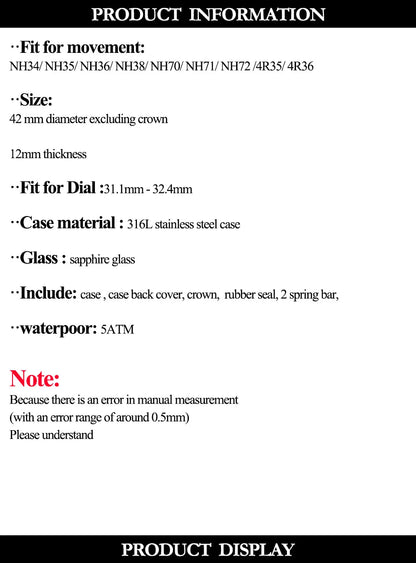 For Octagonal Stainless Steel 42mm Automatic Watch Case MOD Bracelet Transparent Back Sapphire Fit NH34 NH35 NH36 NH38 NH70 NH72