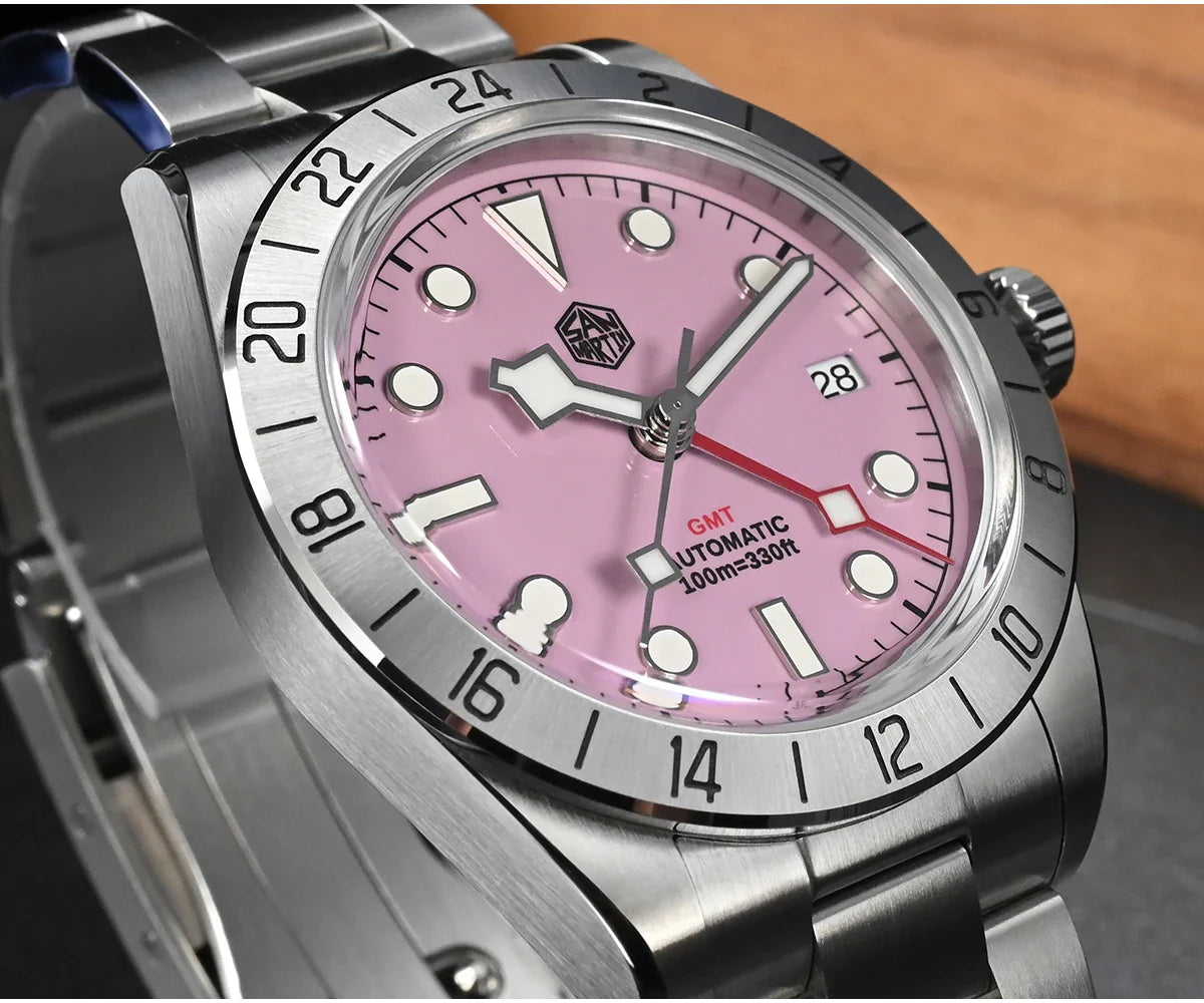 San Martin SN0054G GMT Pink Dial BB  39mm NH34 Automatic Watch 10Bar AR Sapphire BGW9 Lume