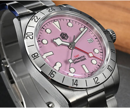 San Martin SN0054G GMT Pink Dial BB  39mm NH34 Automatic Watch 10Bar AR Sapphire BGW9 Lume