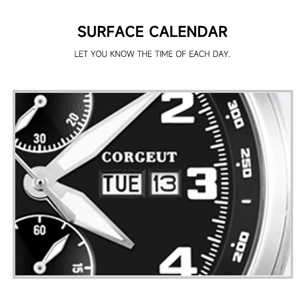 Corgeut 9003 Chronograph Watch 41mm Date Month MIYOTA OS00 Quartz Sapphire 3ATM