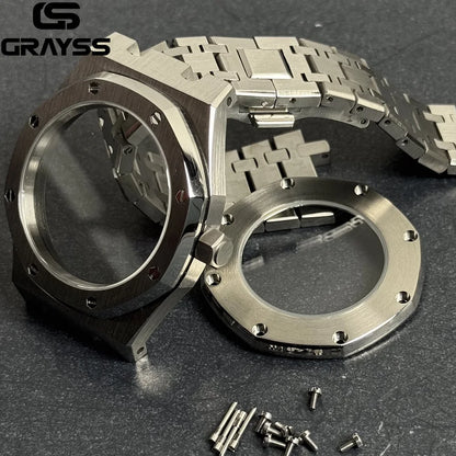 For Octagonal Stainless Steel 42mm Automatic Watch Case MOD Bracelet Transparent Back Sapphire Fit NH34 NH35 NH36 NH38 NH70 NH72