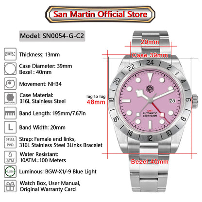 San Martin SN0054G GMT Pink Dial BB  39mm NH34 Automatic Watch 10Bar AR Sapphire BGW9 Lume