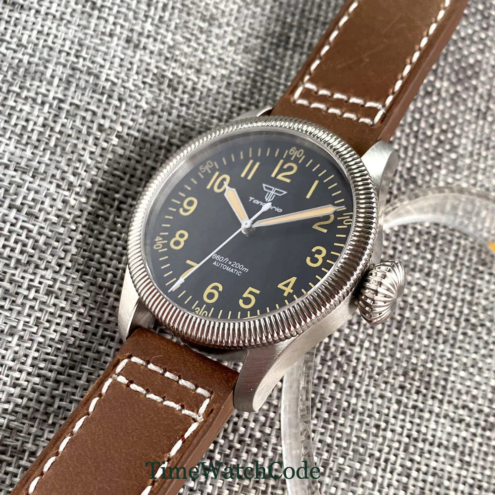 Tandorio Fluted Pilot Watch TD117A 20BAR  NH35 PT5000 Roman Numerals Sapphire 39mm