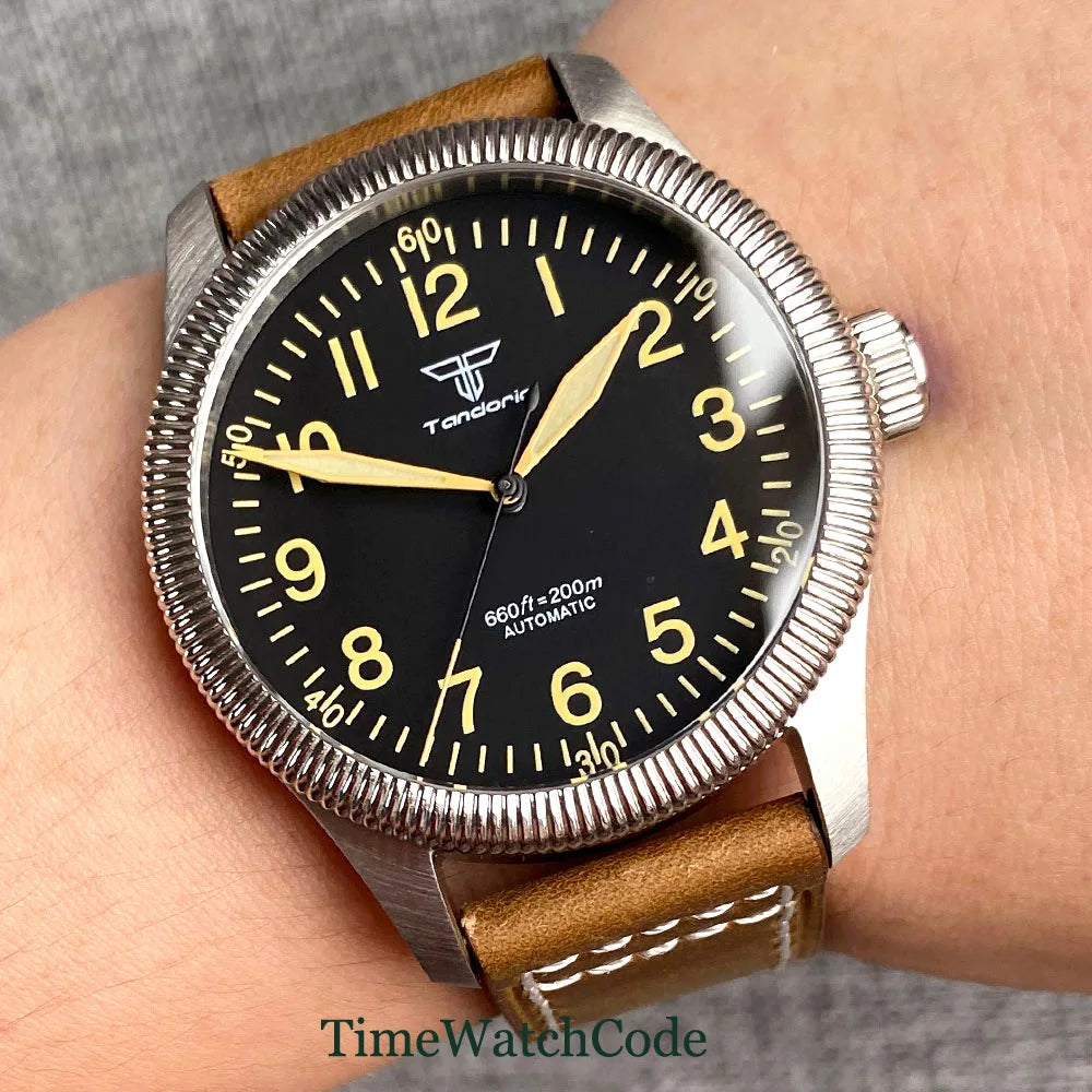 Tandorio Fluted Pilot Watch TD117A 20BAR  NH35 PT5000 Roman Numerals Sapphire 39mm